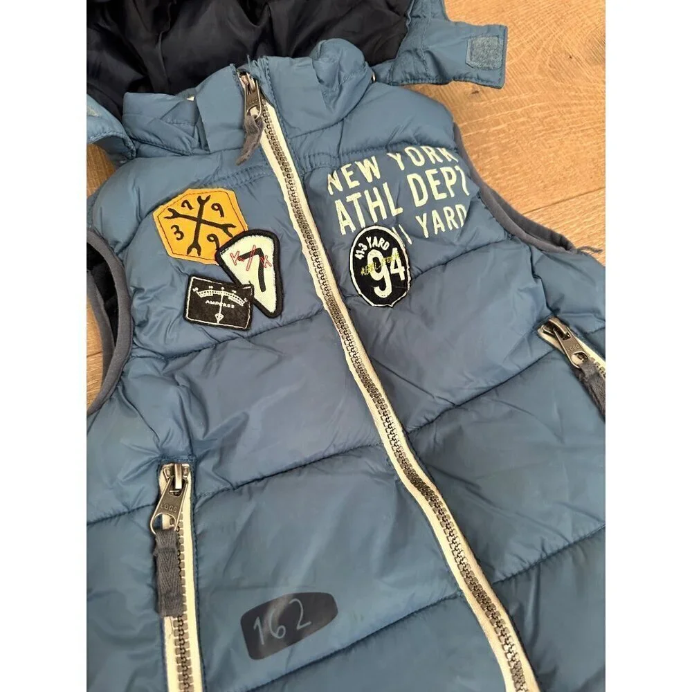H&M L.O.G.G. Kids Blue Puffer Vest With Patches & Hooded Design